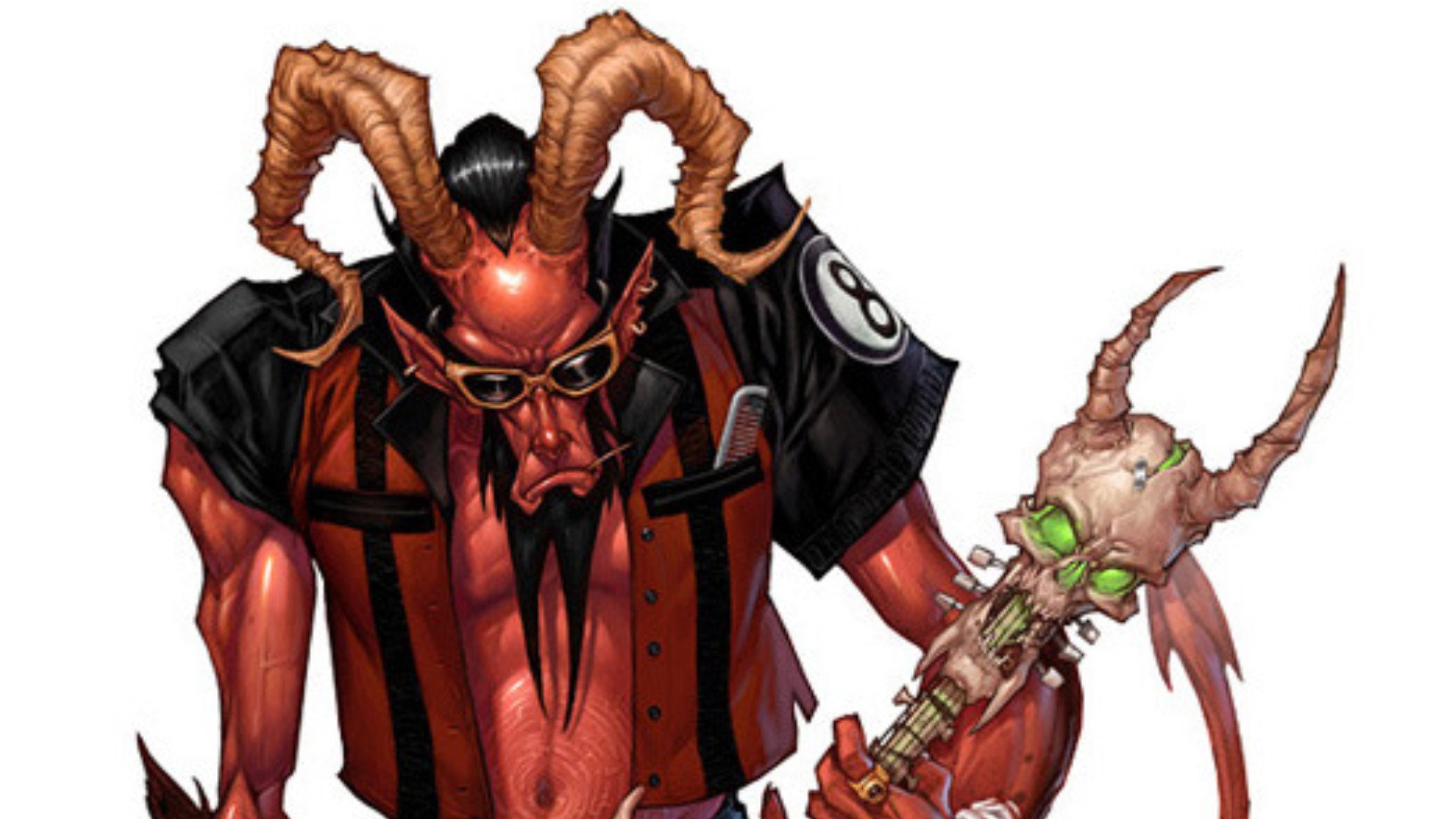 A vibrant HD wallpaper featuring a red, horned character with sunglasses and a black shirt, embodying the edgy spirit of Guitar Hero's video game universe.