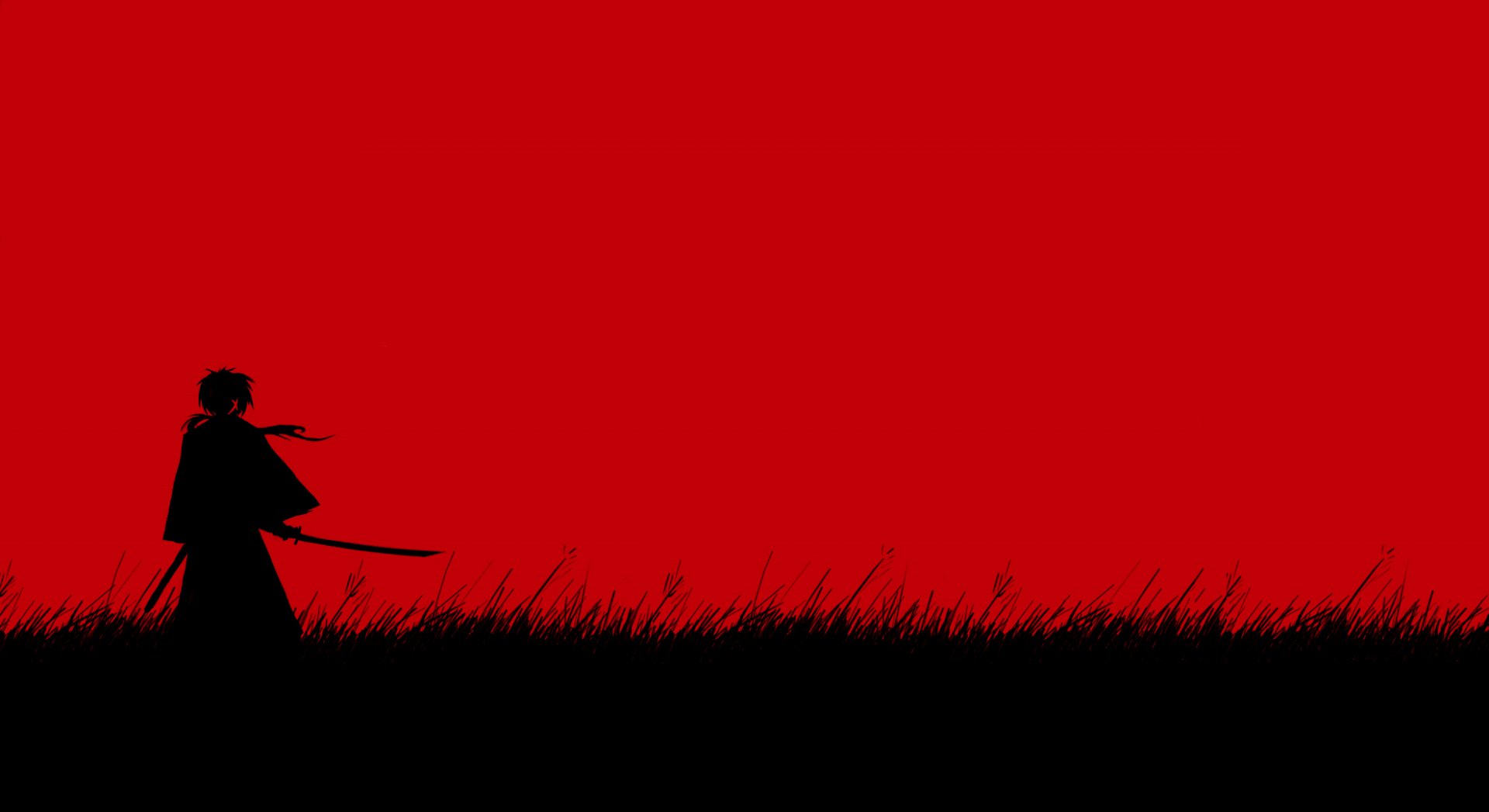 A striking HD desktop wallpaper featuring a silhouetted figure with a sword against a vivid red background, inspired by the anime Rurouni Kenshin.