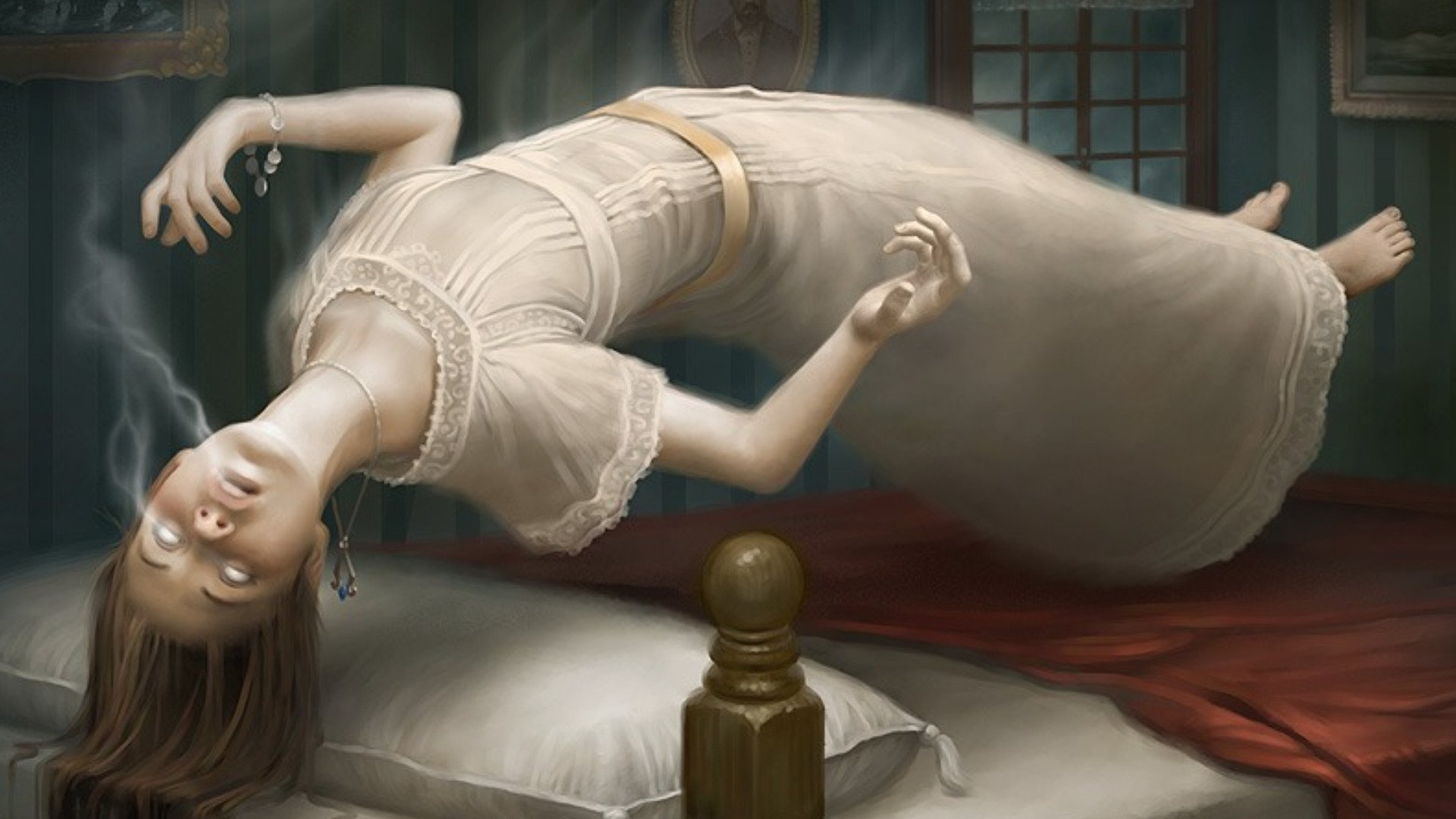 HD fantasy desktop wallpaper featuring a woman levitating above a bed in a dimly lit room, evoking a mystical and eerie atmosphere.