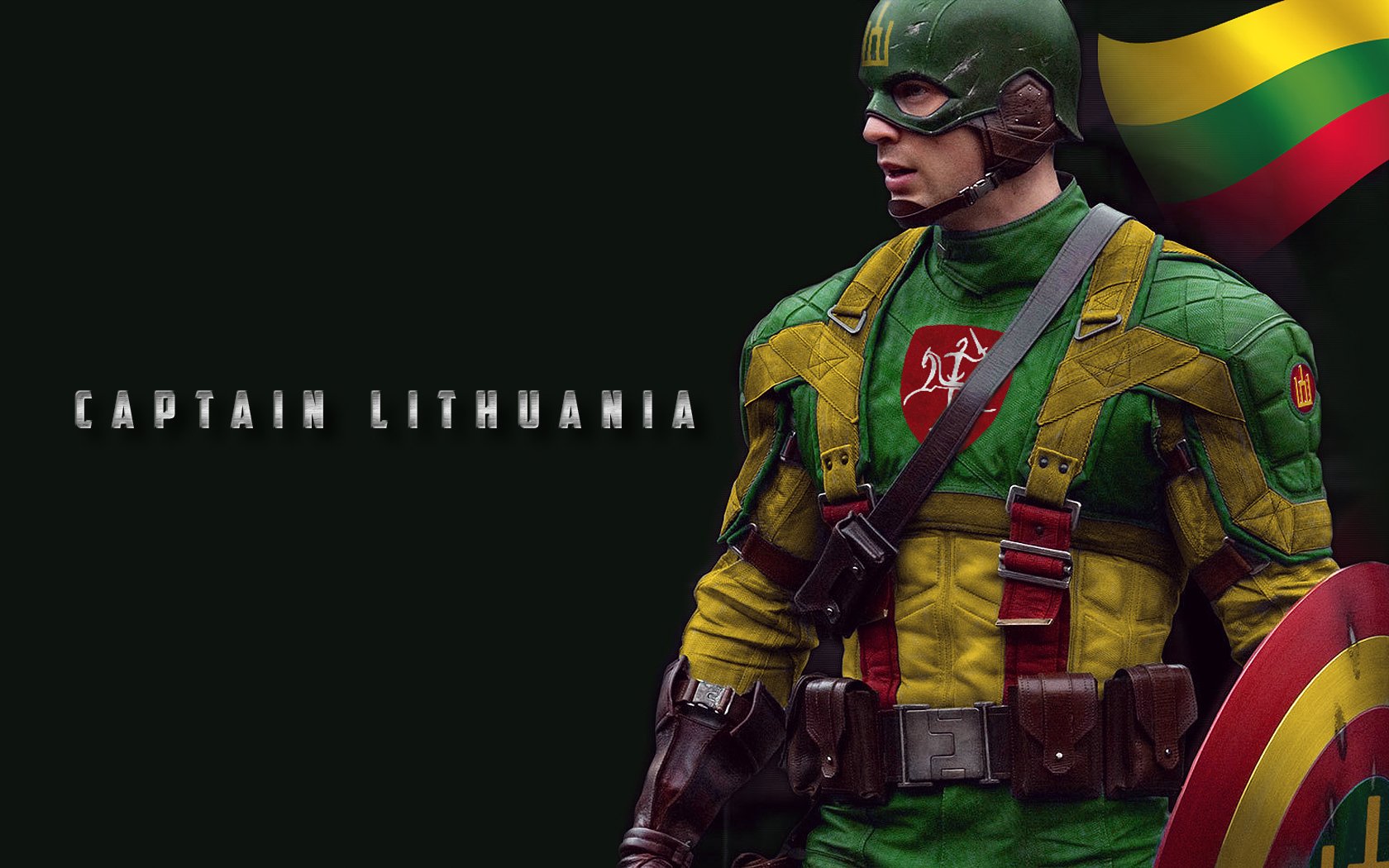 HD PC desktop wallpaper of Captain Lithuania, a sci-fi superhero in green and yellow armor holding a shield and the Lithuanian flag against a dark background.