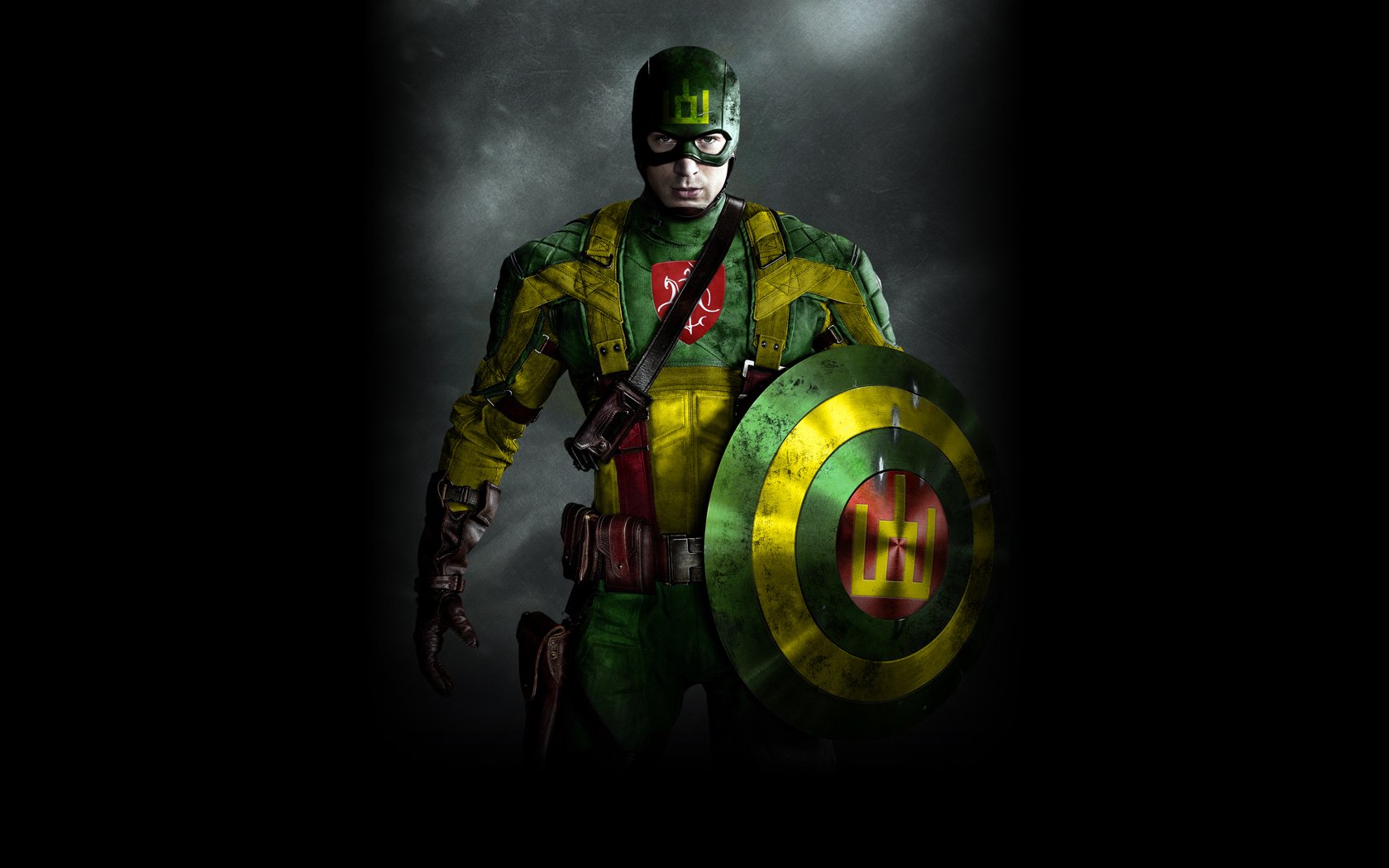 HD PC desktop wallpaper of a sci-fi superhero, Captain Lithuania, wearing a green and yellow suit with a shield featuring the Lithuanian symbol.