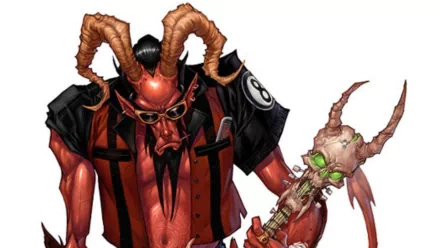 A vibrant HD wallpaper featuring a red, horned character with sunglasses and a black shirt, embodying the edgy spirit of Guitar Hero's video game universe.