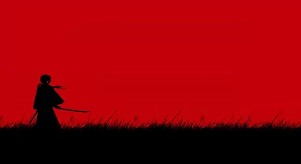 A striking HD desktop wallpaper featuring a silhouetted figure with a sword against a vivid red background, inspired by the anime Rurouni Kenshin.