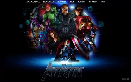 A dynamic HD wallpaper featuring iconic characters from The Avengers, including Nick Fury, Black Widow, Hawkeye, Thor, Captain America, Hulk, and Iron Man, against a striking background.