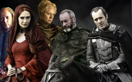 HD PC desktop wallpaper featuring Game of Thrones characters Melisandre, Brienne of Tarth, Stannis Baratheon, Davos Seaworth and Balon Greyjoy against a dark, moody backdrop.
