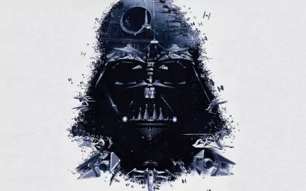 HD desktop wallpaper featuring Darth Vader's helmet, integrated with the Death Star, TIE fighters, and Star Destroyers from the Star Wars movie series.
