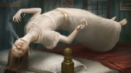 HD fantasy desktop wallpaper featuring a woman levitating above a bed in a dimly lit room, evoking a mystical and eerie atmosphere.