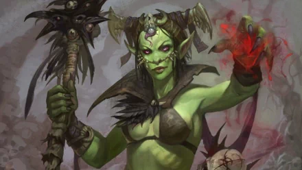 HD fantasy desktop wallpaper featuring a fierce green-skinned woman wielding a spiked staff and casting a fiery spell with glowing red eyes.