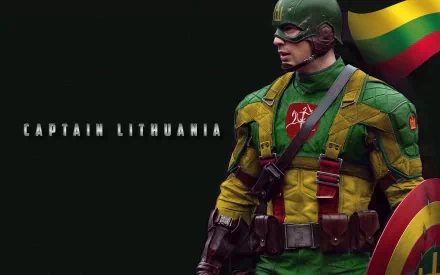 HD PC desktop wallpaper of Captain Lithuania, a sci-fi superhero in green and yellow armor holding a shield and the Lithuanian flag against a dark background.