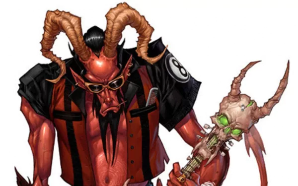 A vibrant HD wallpaper featuring a red, horned character with sunglasses and a black shirt, embodying the edgy spirit of Guitar Hero's video game universe.