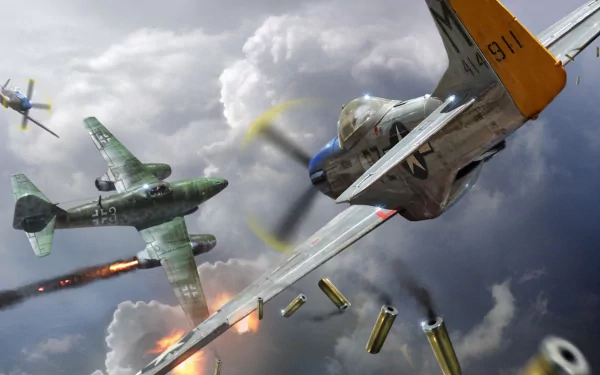 A dramatic scene featuring the Messerschmitt Me 262 military aircraft in action, surrounded by clouds and explosions, creating a striking HD desktop wallpaper.