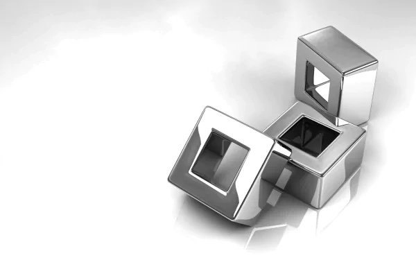 HD desktop wallpaper featuring an abstract composition of metallic cubes against a minimalistic, white background.