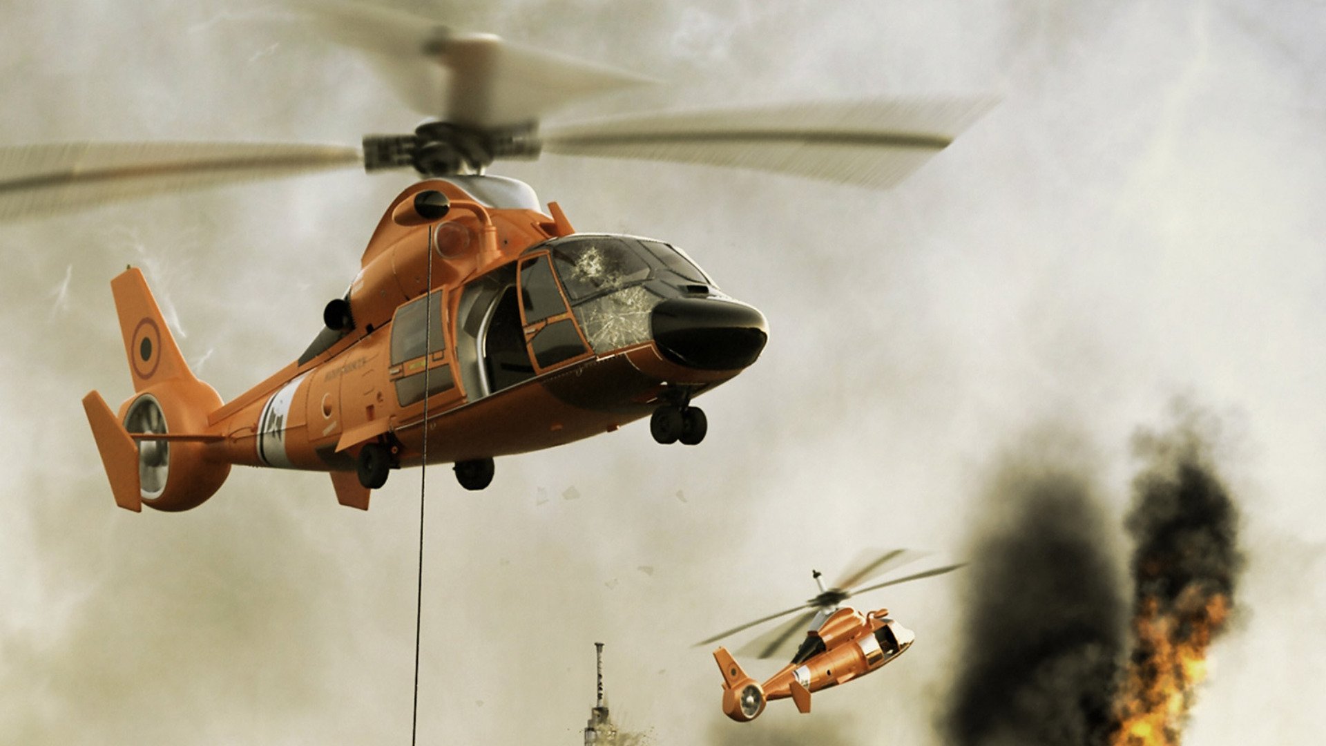 HD PC desktop wallpaper and background: orange rescue helicopter (vehicle) lowering a rope over a smoky blaze, a second helicopter approaches.