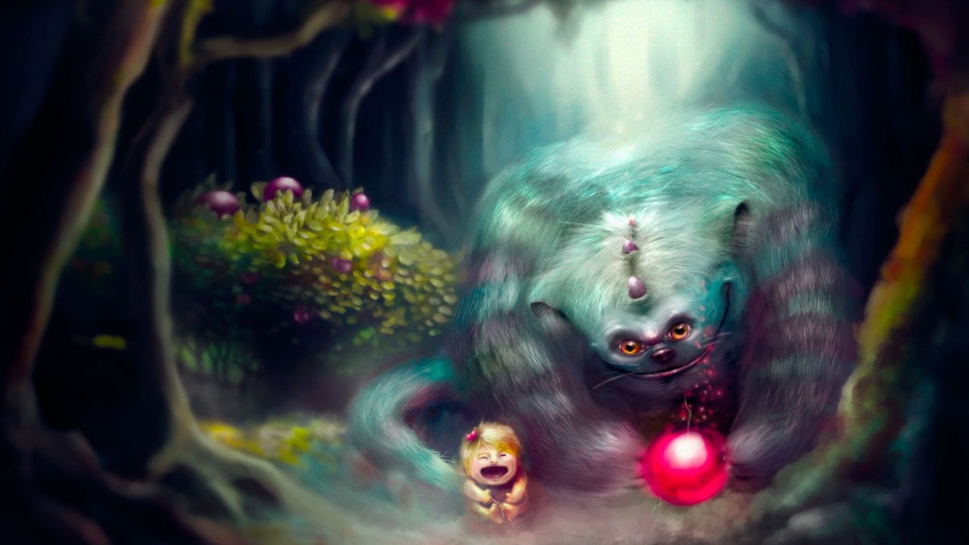 HD fantasy desktop wallpaper featuring a mystical creature with multiple eyes and a glowing red orb, accompanied by a small whimsical companion in an enchanted forest.