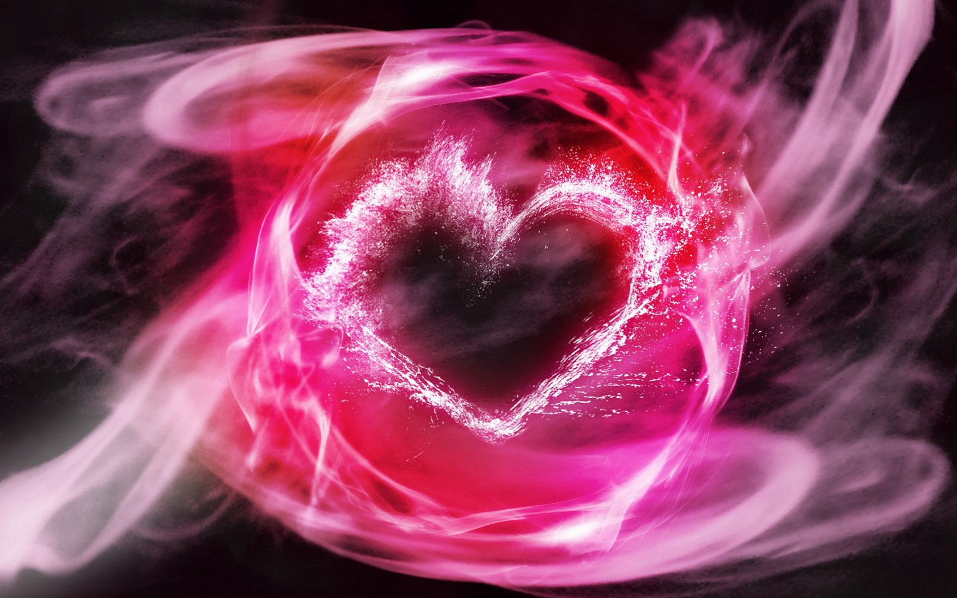 Artistic HD desktop wallpaper featuring a glowing heart shape surrounded by swirling pink and red smoke, symbolizing love and passion.