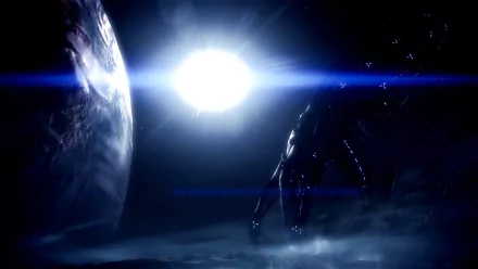 HD PC desktop wallpaper featuring a dark, atmospheric scene from the video game Mass Effect with a glowing sun, a planet, and a silhouetted figure.