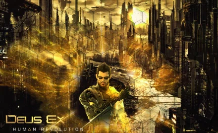 Futuristic cyberpunk cityscape from Deus Ex: Human Revolution, featuring a male character in augmented armor against a golden, dystopian urban background.