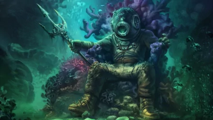 Fantasy-themed HD PC desktop wallpaper depicting a deep ocean scene with a diver in vintage gear holding a trident, surrounded by colorful coral and aquatic elements.