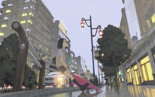 Anime Original Street Rain Umbrella BMW HD Wallpaper | Background Image