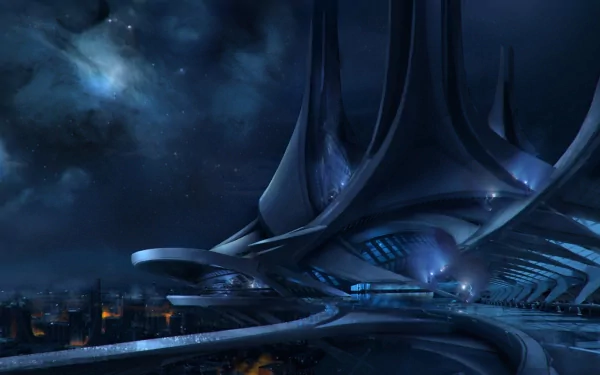 HD PC desktop wallpaper featuring a dark, futuristic sci-fi cityscape from the Mass Effect video game, showcasing towering structures under a starry night sky.