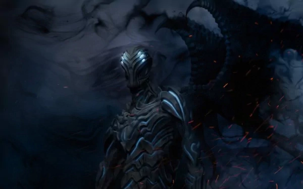 HD PC desktop wallpaper featuring a dark, armored character from the video game Darksiders set against a smoky, ominous background.