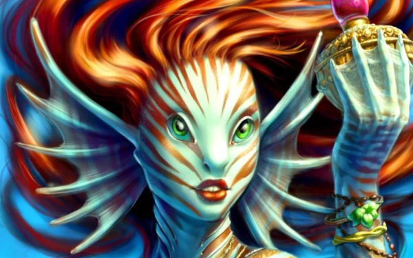 Vibrant fantasy mermaid with flowing red hair and detailed scales, holding a glowing bottle, rendered in high definition as a dynamic PC desktop wallpaper.