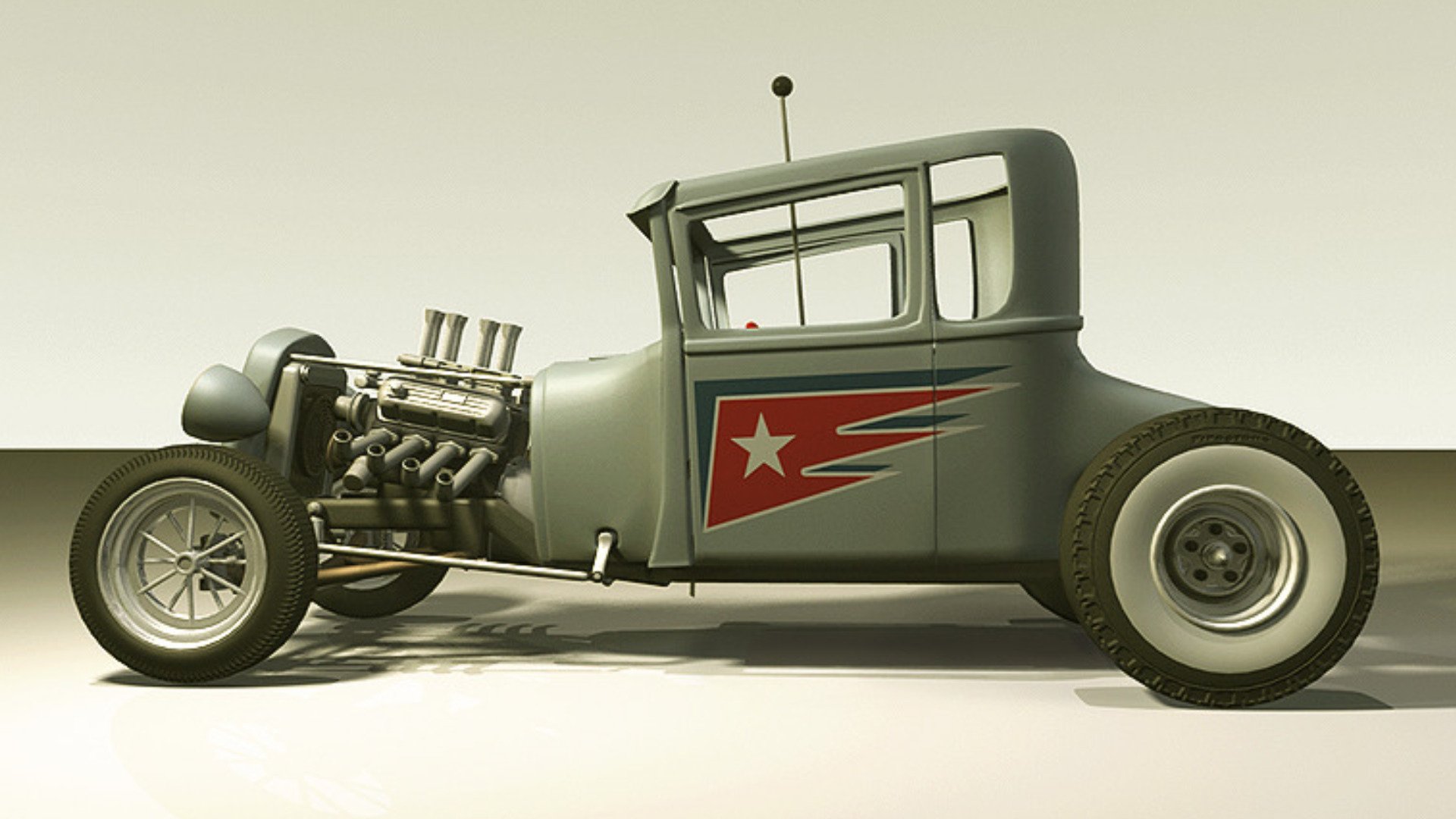 Side view of a vintage hot rod vehicle car with exposed engine and star decal on the door, stylized neutral backdrop — HD PC desktop wallpaper and background.