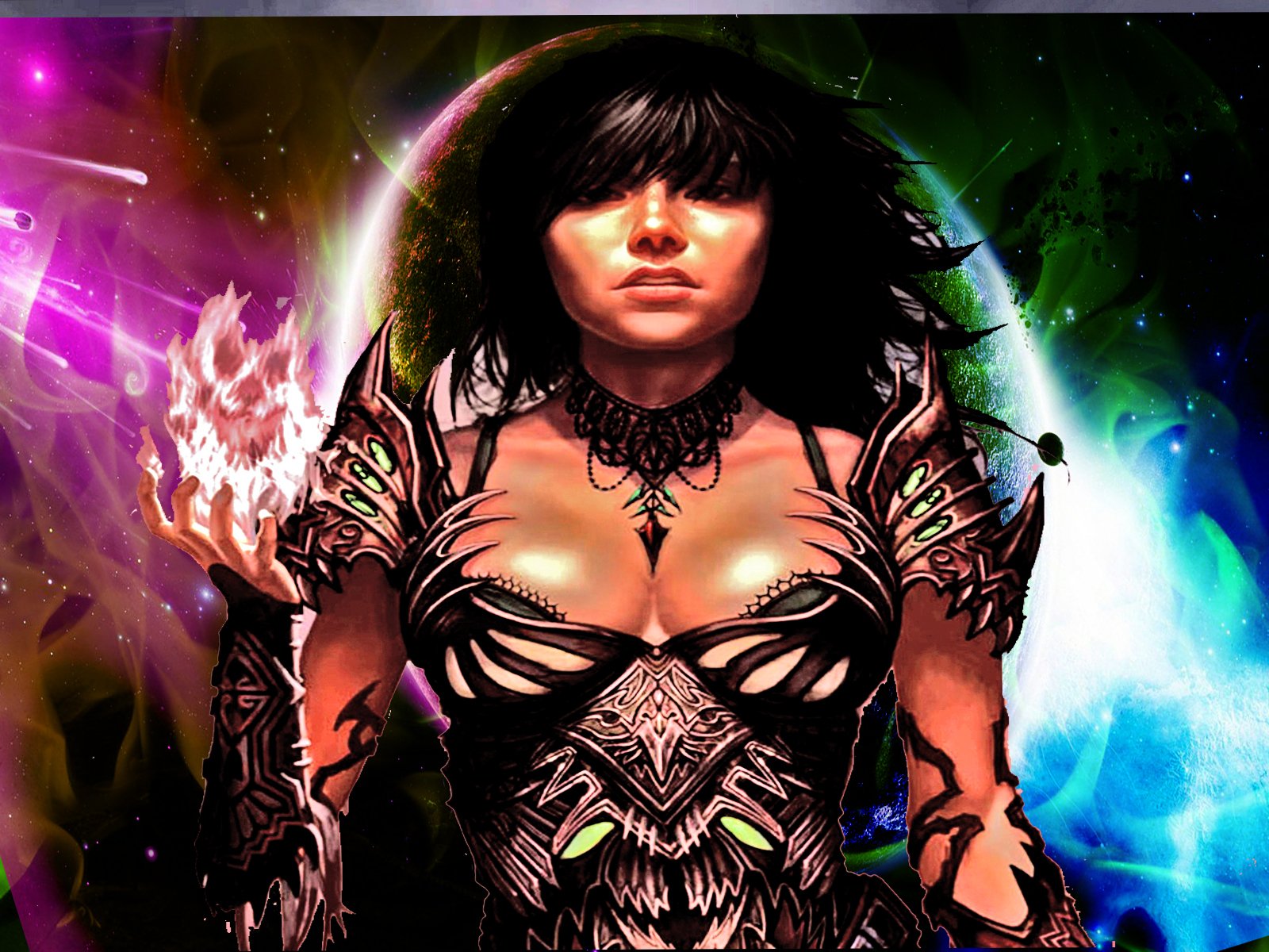 HD fantasy artwork of a fierce woman with dark hair and intricate armor, wielding magical fire, set against a vibrant cosmic background for a PC desktop wallpaper.
