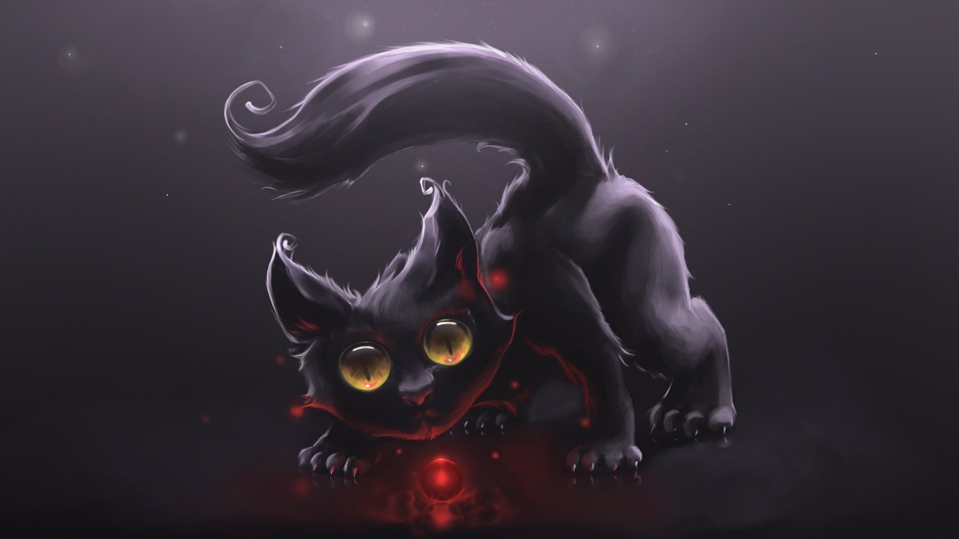 A cute black kitten with large golden eyes playfully crouches, surrounded by a mysterious ambiance. This artistic HD wallpaper adds charm to any desktop background.