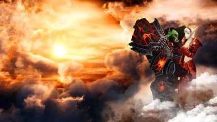 HD PC wallpaper: a video-game fire-world scene with a green-skinned warrior creature in blazing armor standing above molten clouds under a fiery sky.