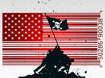 A stylized HD wallpaper featuring the United States Army flag, a barcode, and soldiers raising a flag with a skull, combining military symbolism with modern design elements.