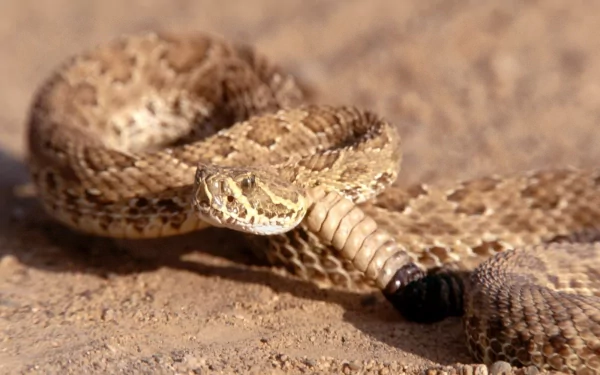 A close-up of a rattlesnake coiled on sandy terrain, showcasing its intricate scales and distinctive rattle. This HD image serves as a striking desktop wallpaper background.