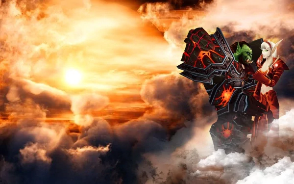 HD PC wallpaper: a video-game fire-world scene with a green-skinned warrior creature in blazing armor standing above molten clouds under a fiery sky.