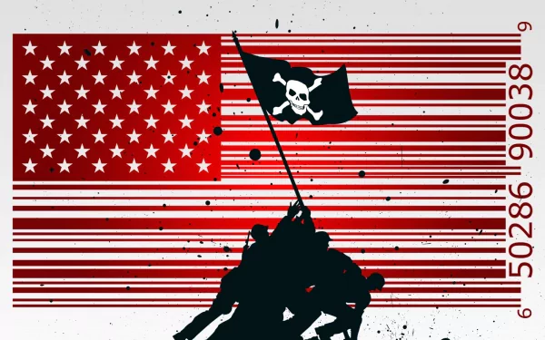 A stylized HD wallpaper featuring the United States Army flag, a barcode, and soldiers raising a flag with a skull, combining military symbolism with modern design elements.