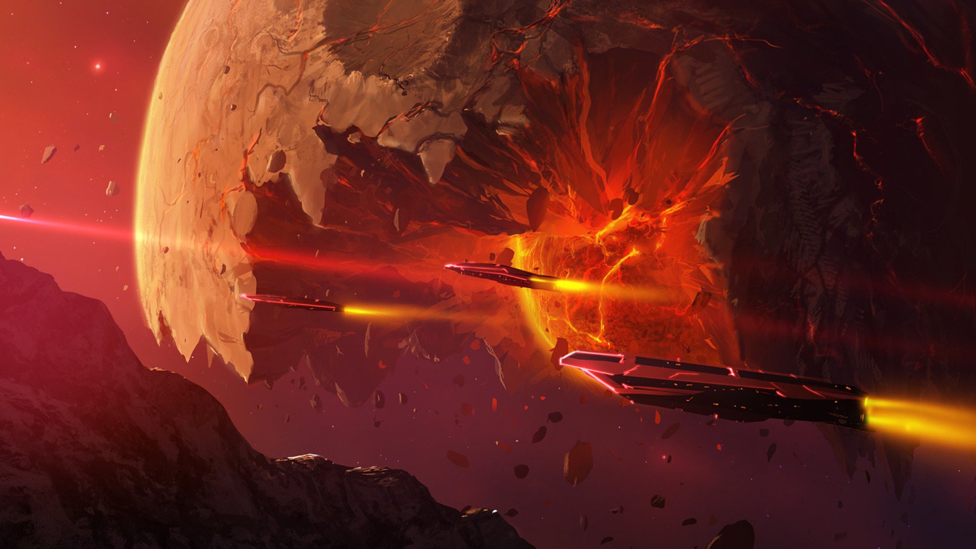 A stunning HD desktop wallpaper featuring a sci-fi scene with a spaceship firing lasers at a planet, set against a backdrop of cosmic chaos and vibrant colors.