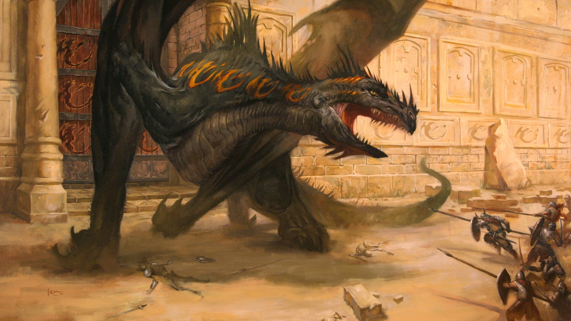 A dramatic fantasy scene featuring a fierce dragon in a stone chamber, surrounded by fallen warriors. This HD wallpaper captures the intensity of a fantastical battle.