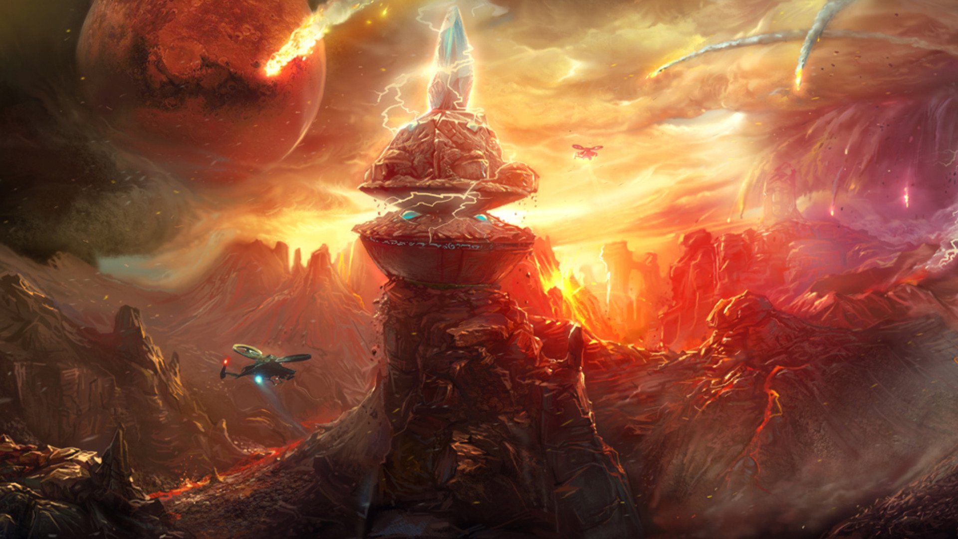 Sci-fi adventure HD PC desktop wallpaper: towering alien spire on a volcanic world, comet streaks and small spacecraft slicing through fiery orange skies.