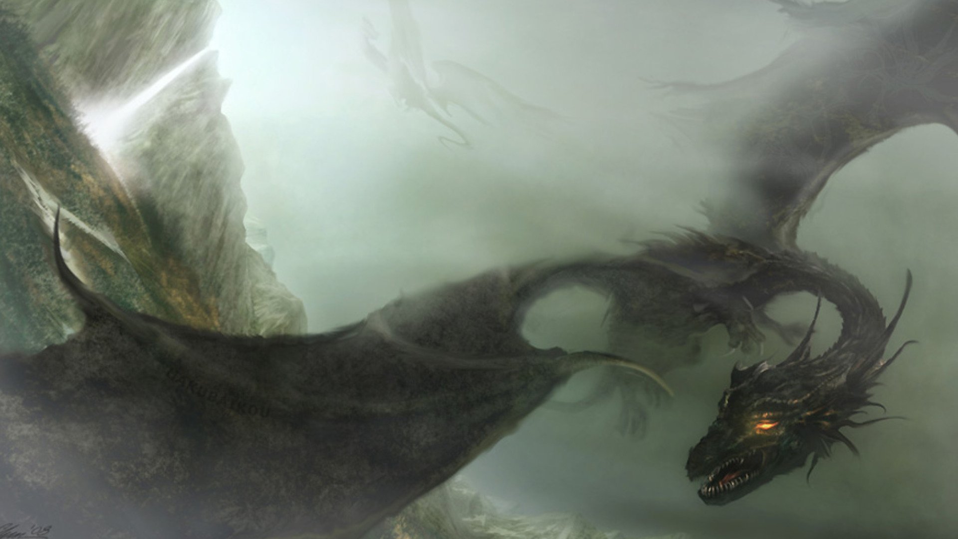 HD fantasy PC desktop wallpaper featuring a menacing dragon with glowing eyes emerging from misty, dark surroundings.