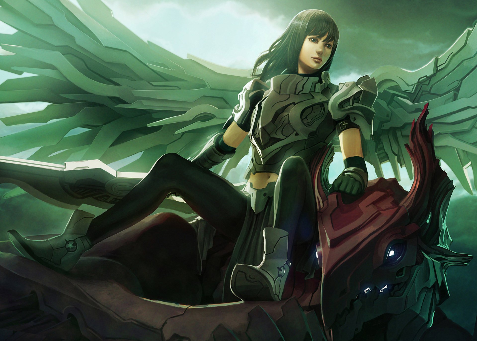 HD fantasy desktop wallpaper featuring a fierce angel warrior with dark wings and armor, seated confidently atop a dragon-like creature.