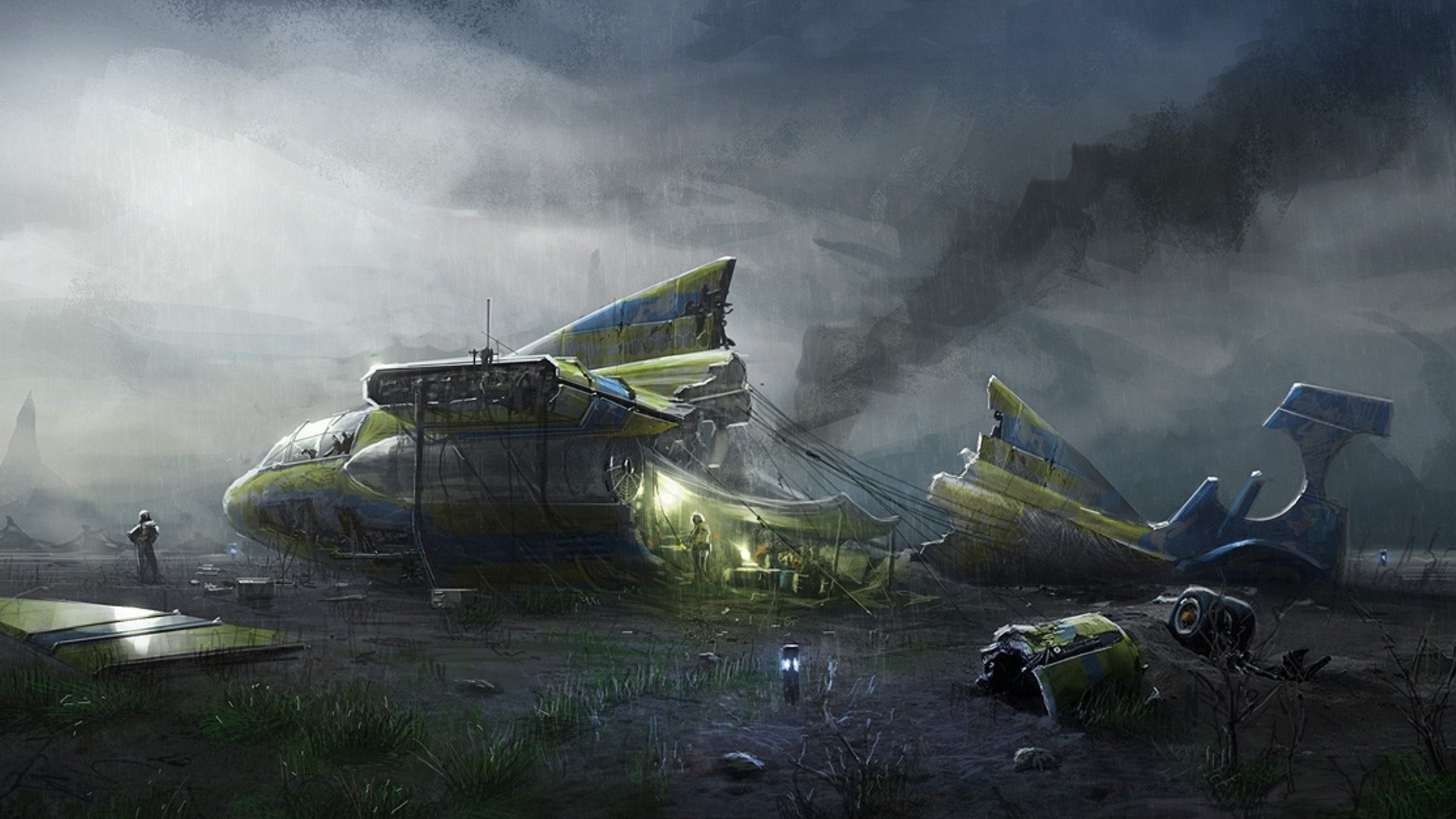 Sci-fi HD PC desktop wallpaper: a damaged spaceship rests in a foggy marsh, scattered wreckage and tiny silhouetted figures beneath brooding storm clouds.