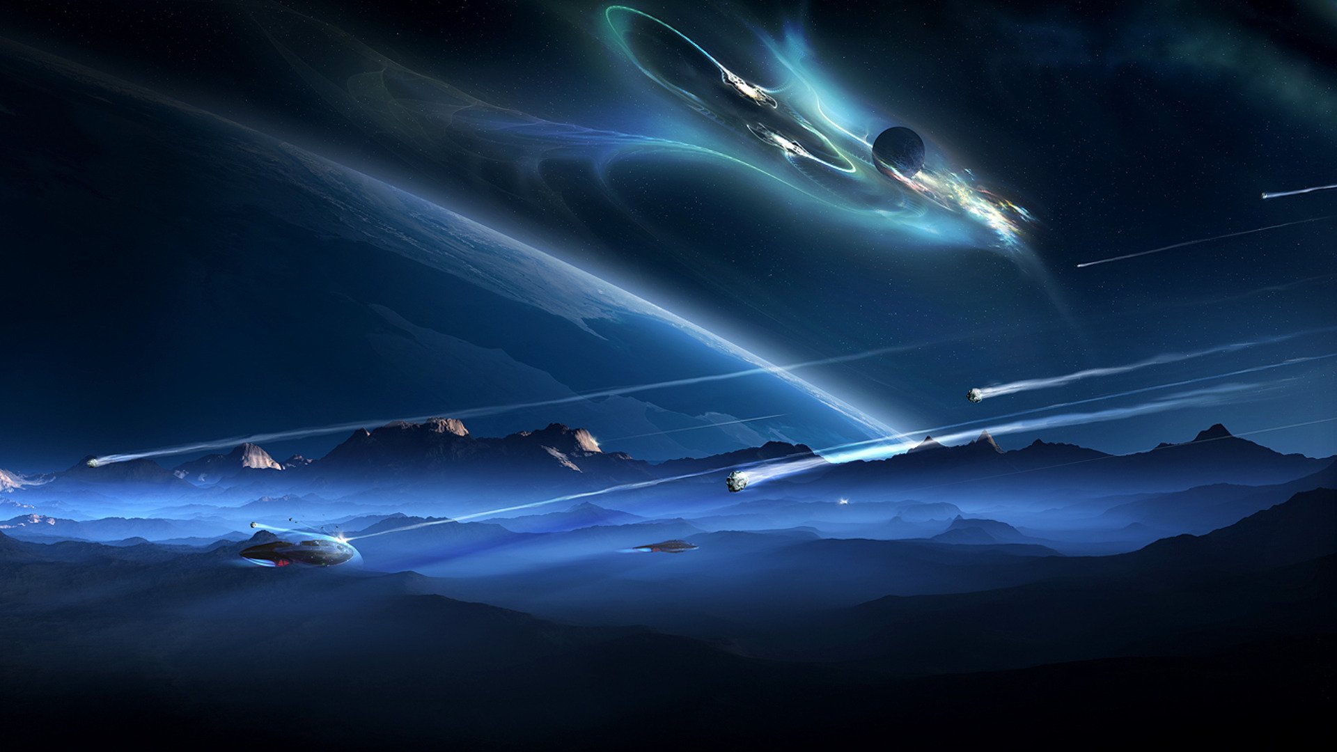 HD PC Desktop Wallpaper and Background — sci‑fi adventure: starships streak over a blue alien landscape beneath a glowing nebula and distant planets.