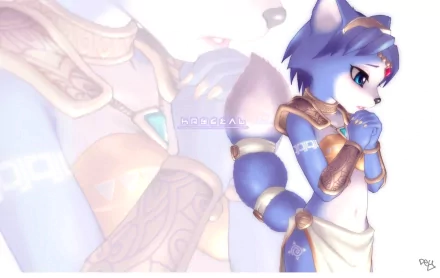 HD wallpaper featuring Krystal from the video game Star Fox, showcasing her in a detailed, artistic pose with intricate armor and a thoughtful expression.