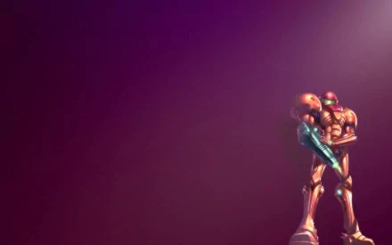 HD desktop wallpaper of Metroid, featuring the iconic character Samus Aran in her armored suit against a gradient purple background.