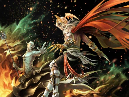 HD fantasy battle scene features armored warrior with flowing red cape confronting a ghostly, magical opponent, vivid energy and dynamic motion enhance the dramatic PC desktop wallpaper.