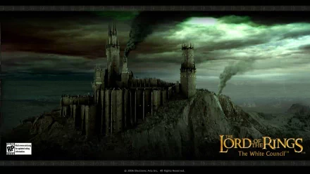Dark, ominous castle from The Lord of the Rings: The White Council video game, set against a stormy sky, featured as an HD PC desktop wallpaper in a dark gaming theme.