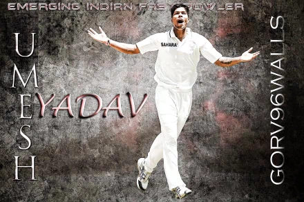 HD wallpaper showcasing an Indian cricketer in action, tagged with India, Indian, Yadav, cricket, and sports. The text includes Emerging Indian Fast Bowler and Umesh Yadav.
