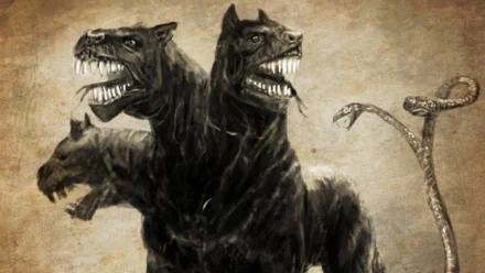 A dramatic fantasy scene featuring Cerberus, the three-headed dog, depicted in a dark, atmospheric style. This HD wallpaper adds a mythical touch to any desktop background.