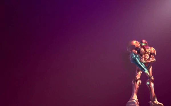 HD desktop wallpaper of Metroid, featuring the iconic character Samus Aran in her armored suit against a gradient purple background.