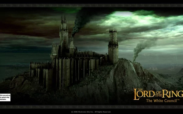 Dark, ominous castle from The Lord of the Rings: The White Council video game, set against a stormy sky, featured as an HD PC desktop wallpaper in a dark gaming theme.