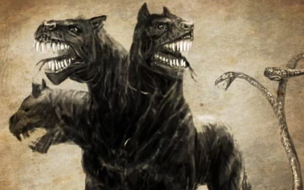 A dramatic fantasy scene featuring Cerberus, the three-headed dog, depicted in a dark, atmospheric style. This HD wallpaper adds a mythical touch to any desktop background.